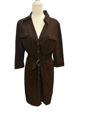 Harve Benard Brown Button-Front Belted Office Church Career Dress